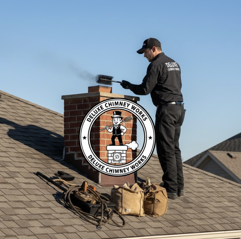 Professional chimney sweep service on Dallas rooftop